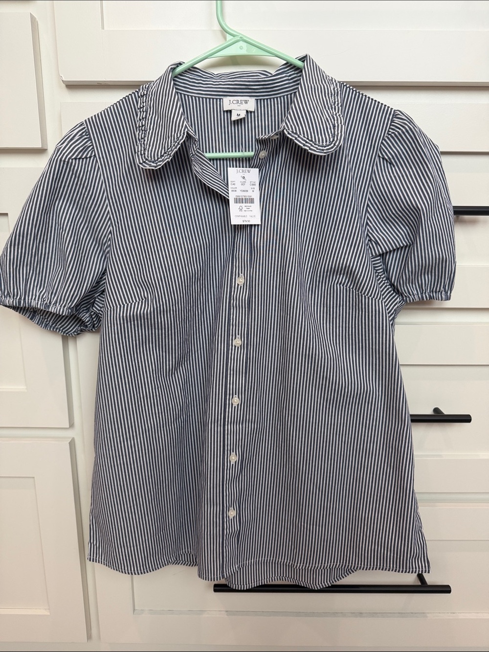 J. Crew Navy and White Vertical Stripe Puff Sleeve Button-Down Shirt